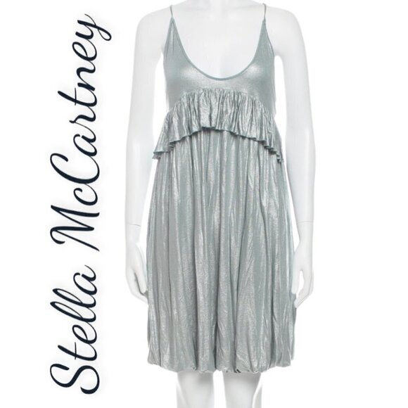 STELLA MCCARTNEY Metallic Blue Linen Blend Scoop Neck Mini Dress, Size 4 - Picture 1 of 12